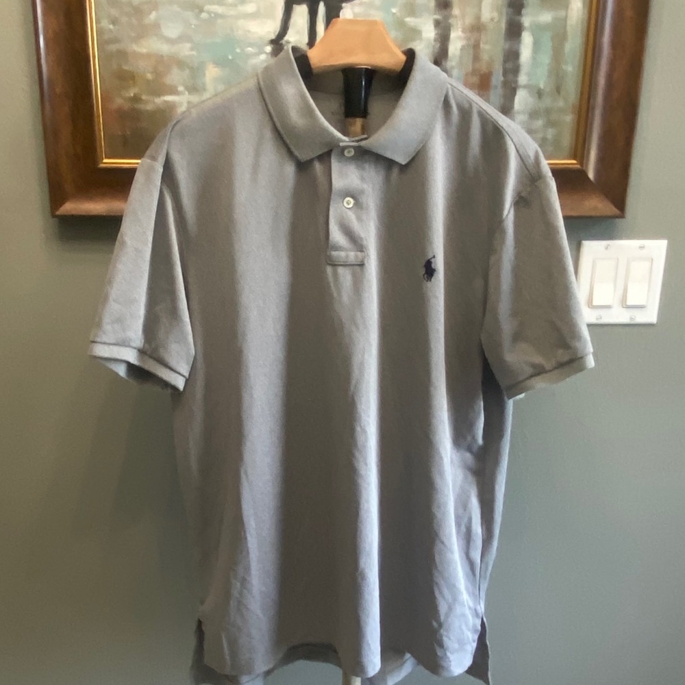 Polo Ralph Lauren Mens Gray Short Sleeve Pique Polo Shirt Navy Blue Pony Logo